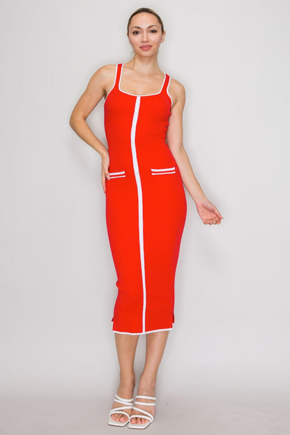 Knit Contrast Piping Ribbed Pocket Sleeveless Dress