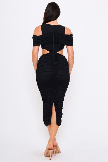 Shirring Open Shoulder Cutout Waist Midi Dress