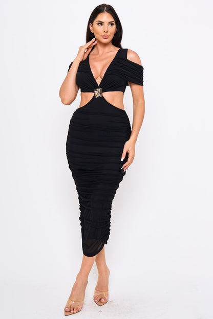 Shirring Open Shoulder Cutout Waist Midi Dress