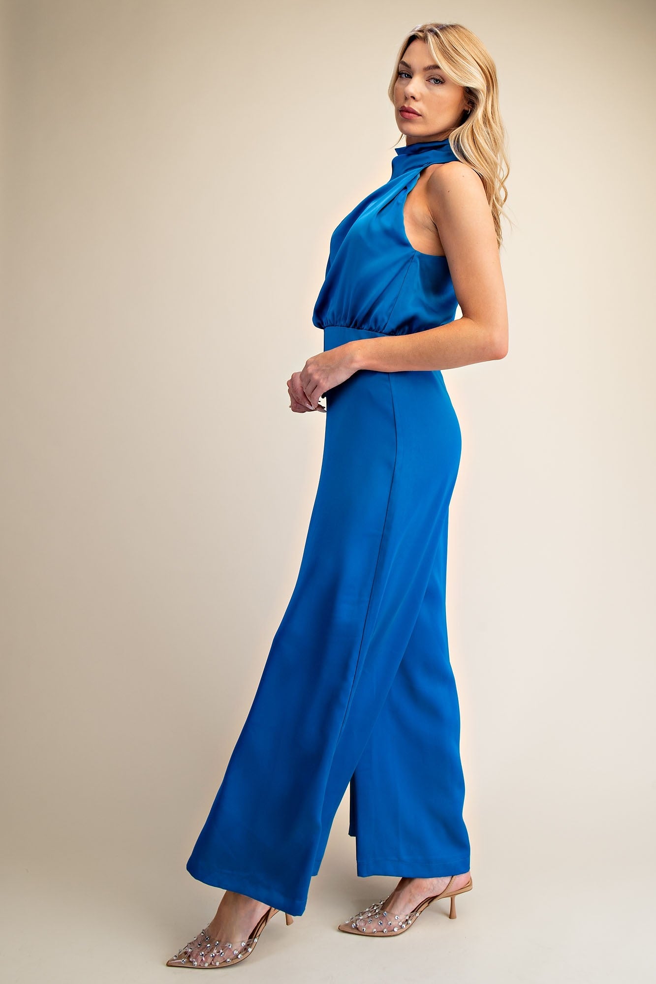 Asymmetric Draped Cowl Neck Satin Jumpsuit