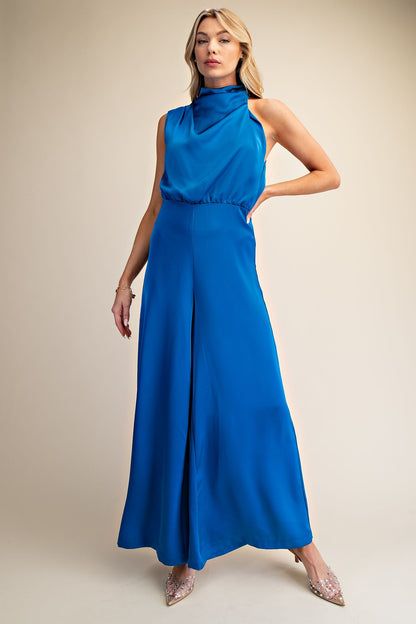 Asymmetric Draped Cowl Neck Satin Jumpsuit