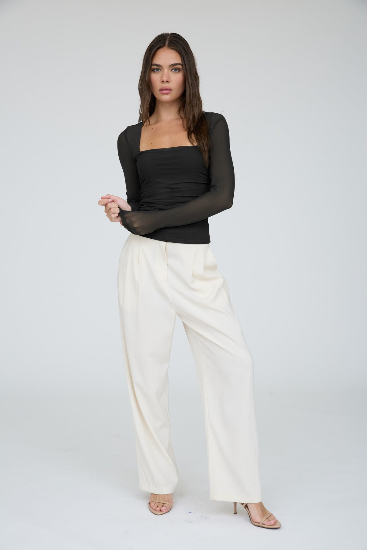 Sheer Mesh Sleeves Square Neck Long Sleeve Top