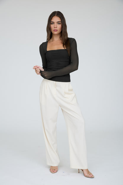 Sheer Mesh Sleeves Square Neck Long Sleeve Top