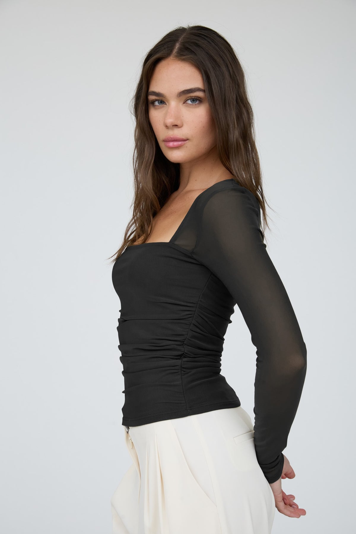 Sheer Mesh Sleeves Square Neck Long Sleeve Top