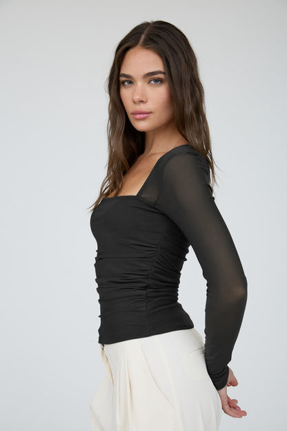 Sheer Mesh Sleeves Square Neck Long Sleeve Top