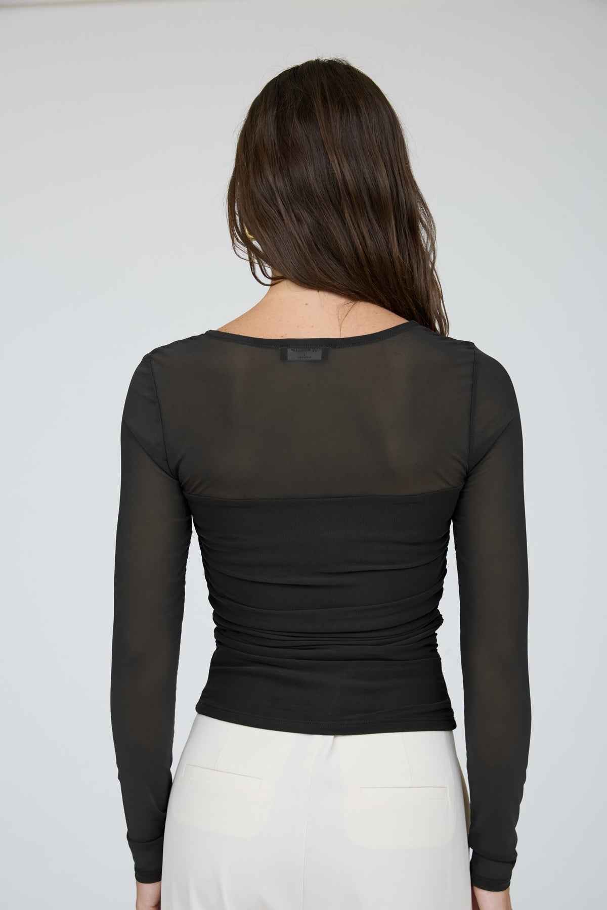 Sheer Mesh Sleeves Square Neck Long Sleeve Top