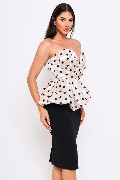 Polka Dot On Satin Pleated Top Midi Dress