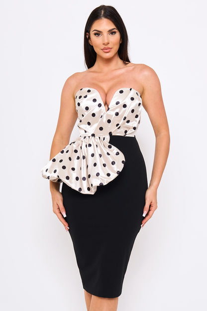 Polka Dot On Satin Pleated Top Midi Dress