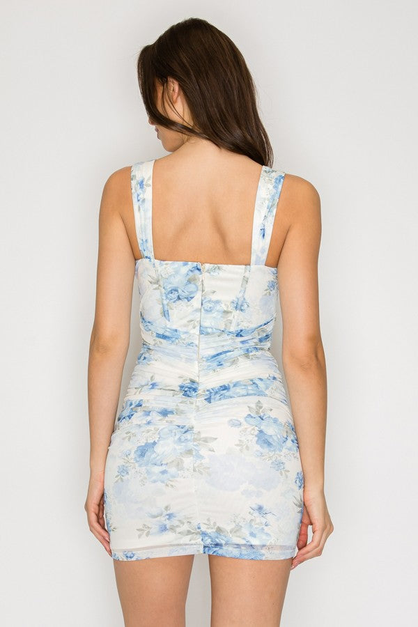 Sleeveless Floral Mesh Scoop Corset Mini Dress Lt. Blue / Small