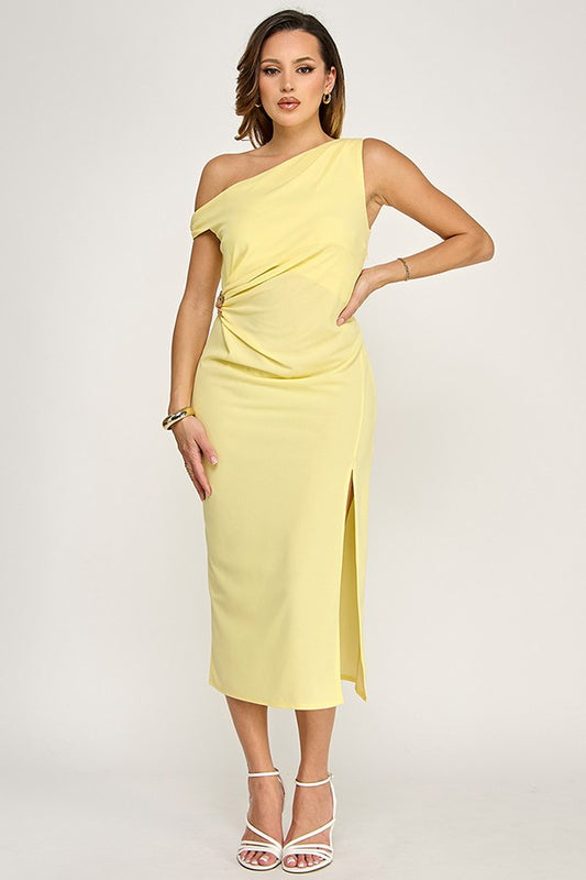 Sleeveless Asymmetrical Neck Midi Dress