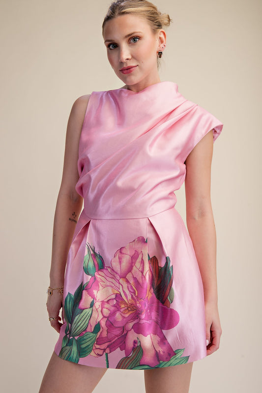 Bold Flower Print Asymmetric High-neck Mini Dress