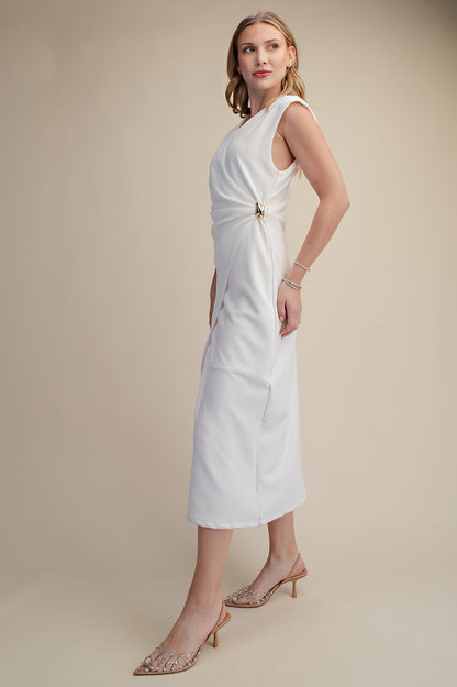 A-line Sleeveless Gold Trim Knit Wrap Midi Dress
