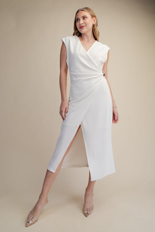 A-line Sleeveless Gold Trim Knit Wrap Midi Dress