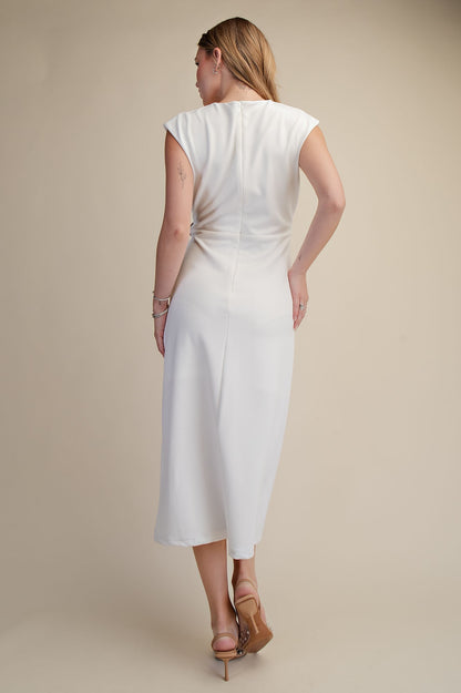 A-line Sleeveless Gold Trim Knit Wrap Midi Dress