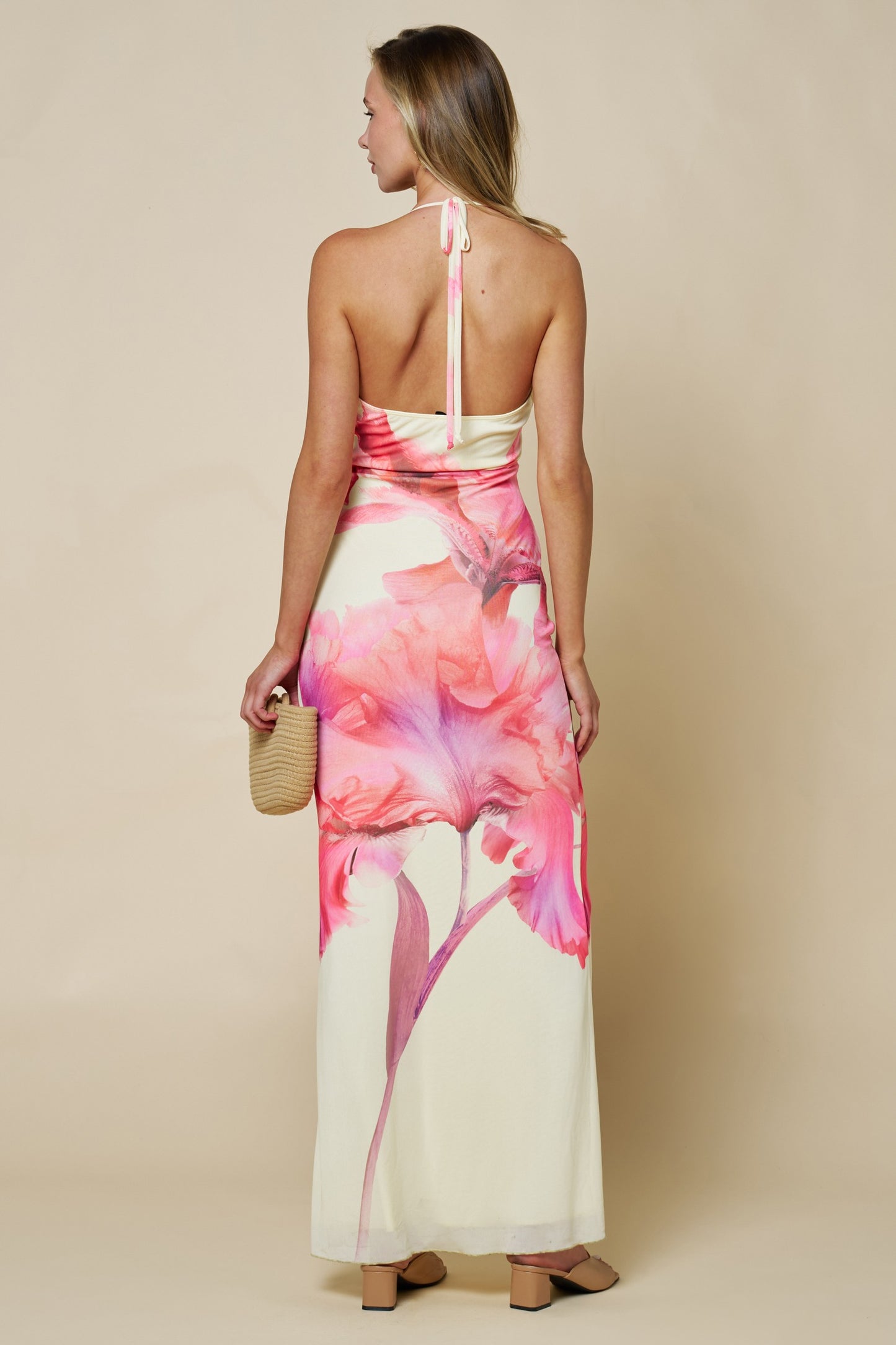 Floral Front Twist Plunging Halter Maxi Dress