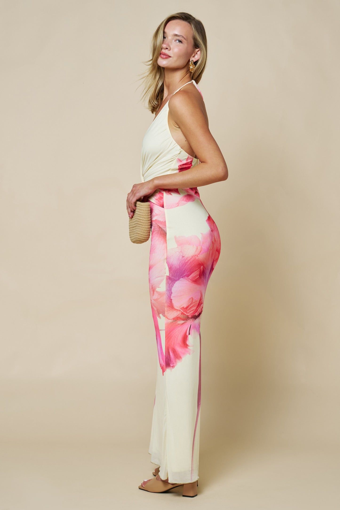 Floral Front Twist Plunging Halter Maxi Dress
