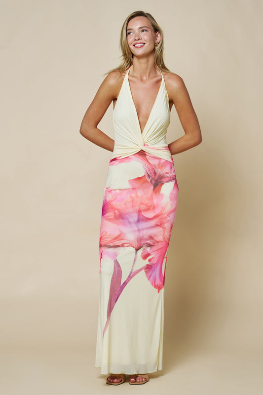 Floral Front Twist Plunging Halter Maxi Dress