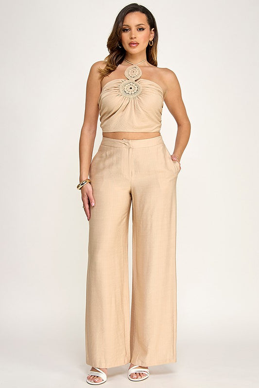 2pc set- Crochet Patch Trim Halter Neck Top & Pants