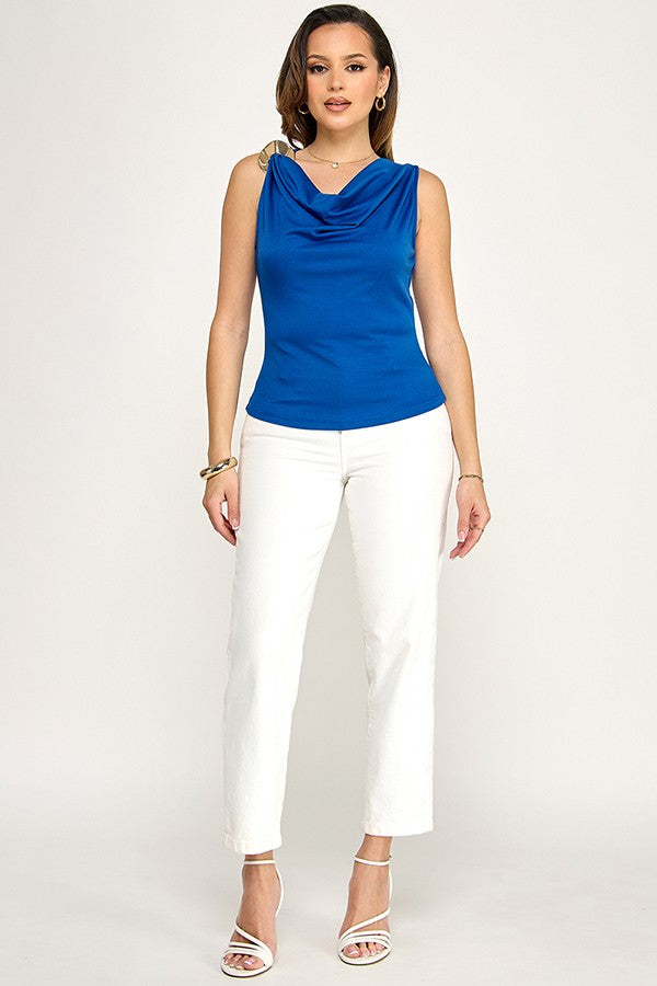 Ponte Sleeveless Cowl Neck Top With Gold Trim