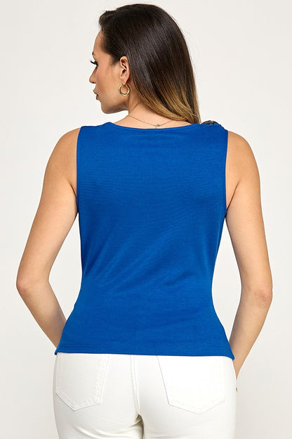 Ponte Sleeveless Cowl Neck Top With Gold Trim