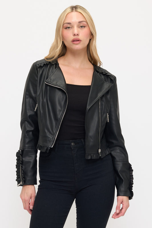 faux leather ruffled moto jacket
