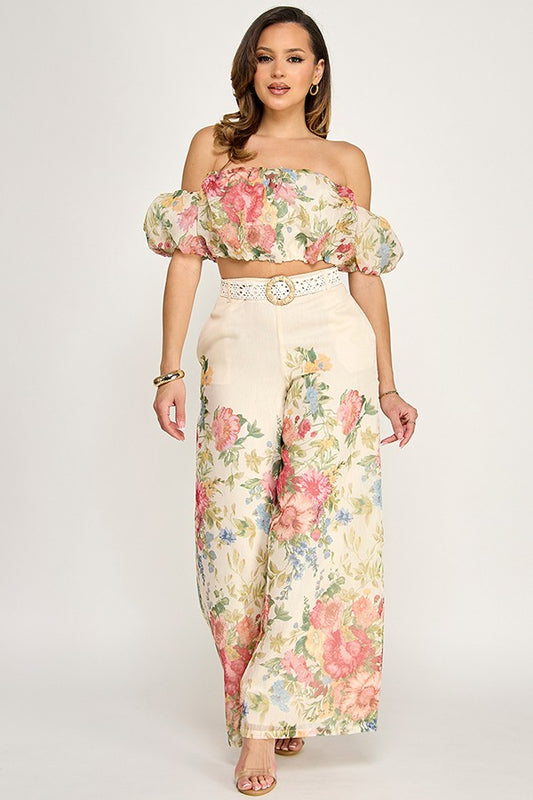 2pc set- Organza Border Printed Off Shoulder Bubble Top & Pants