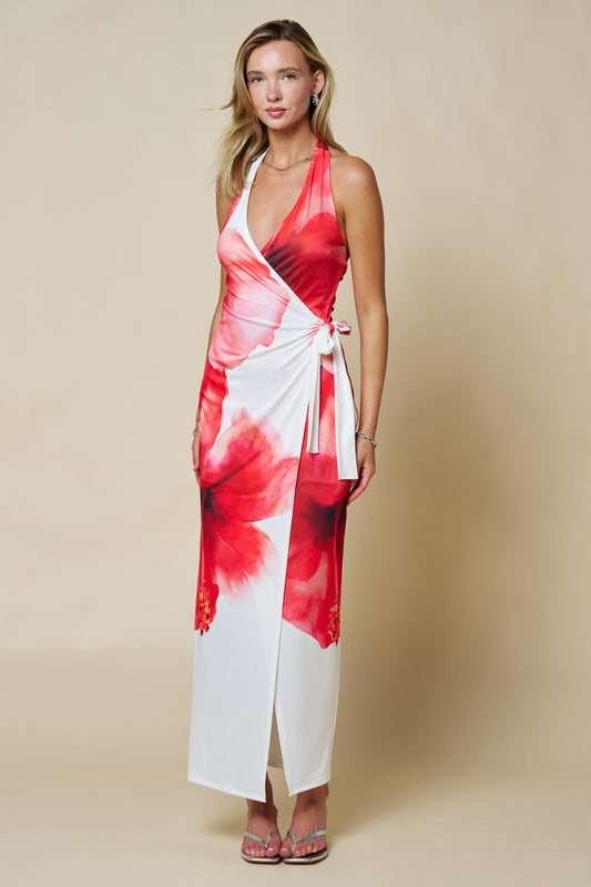 Floral Print Side Tie Wrap Maxi Dress