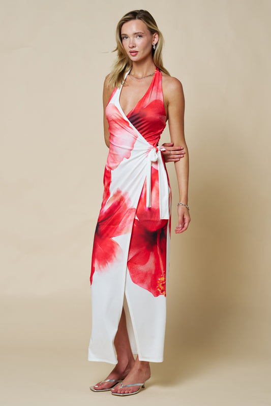 Floral Print Side Tie Wrap Maxi Dress
