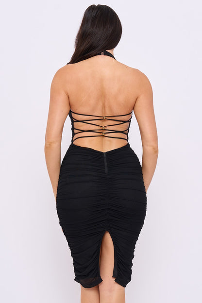 sleeveless ruched halter plunge dress