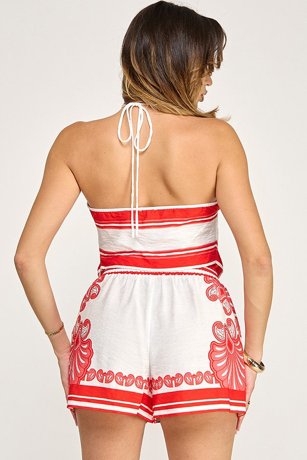 2pc set-Linen Print Halter Neck Hanky Hem Top & Short