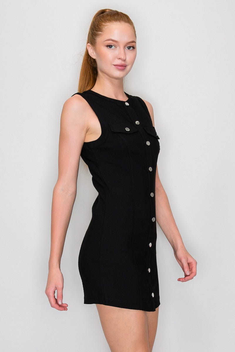 Sleeveless Pocket Buttoned Mini Dress