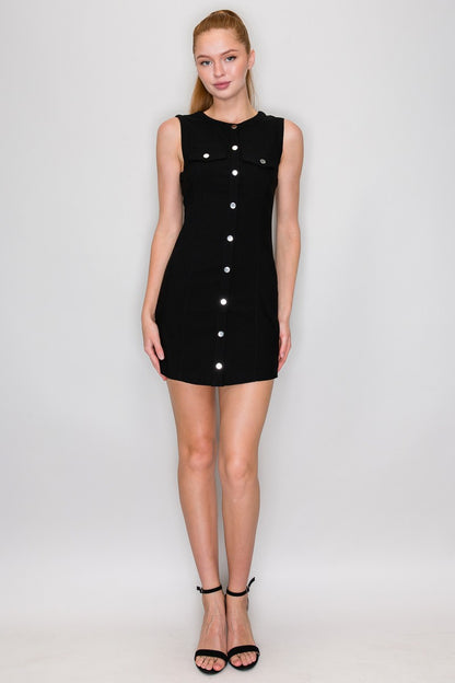 Sleeveless Pocket Buttoned Mini Dress