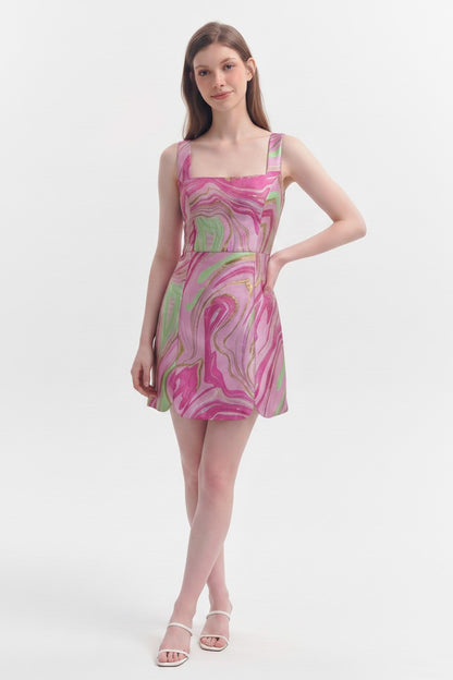 Abstract Jacquard Scallop Hem Mini Dress