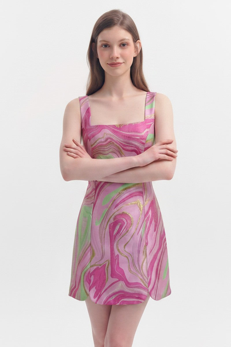 Abstract Jacquard Scallop Hem Mini Dress