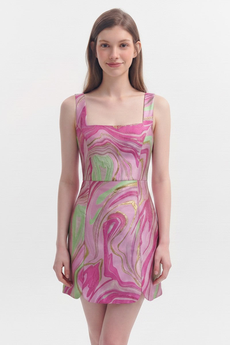 Abstract Jacquard Scallop Hem Mini Dress