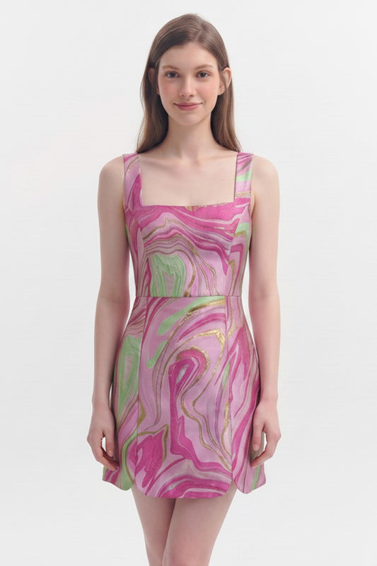 Abstract Jacquard Scallop Hem Mini Dress