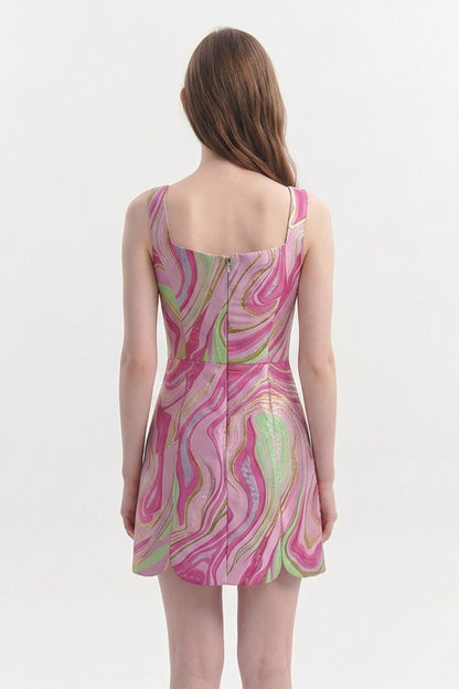Abstract Jacquard Scallop Hem Mini Dress