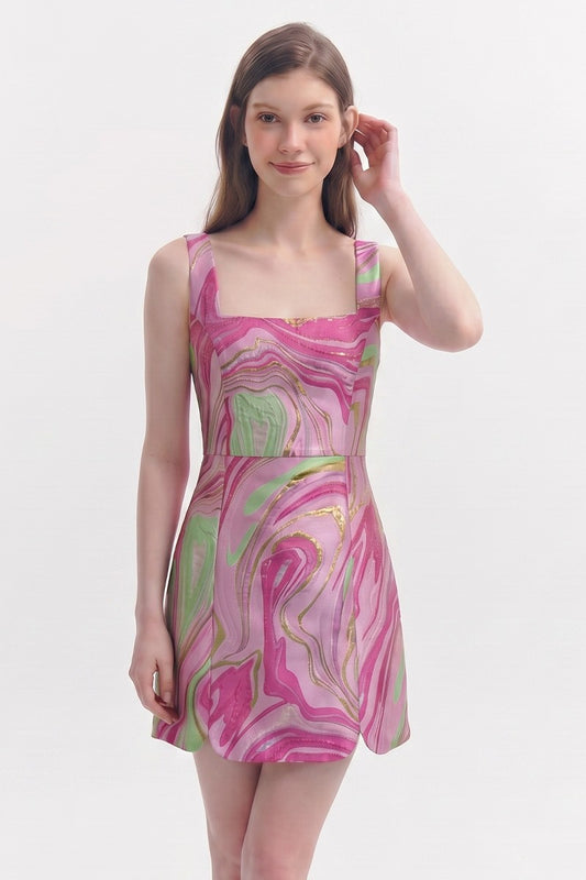 Abstract Jacquard Scallop Hem Mini Dress