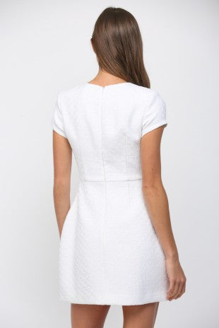 Bead Trimmed Front Flap Pocket Tweed Short Sleeve Dress