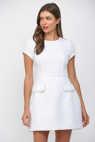 Bead Trimmed Front Flap Pocket Tweed Short Sleeve Dress