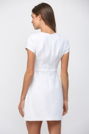 Bead Trimmed Front Flap Pocket Tweed Short Sleeve Dress