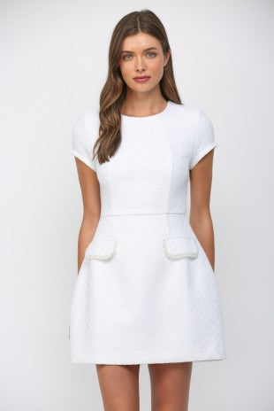 Bead Trimmed Front Flap Pocket Tweed Short Sleeve Dress