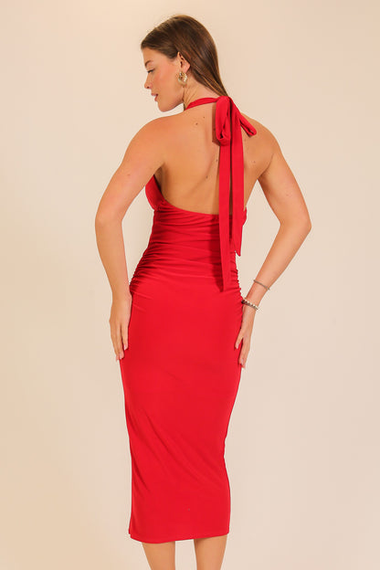 halter v neck midi dress