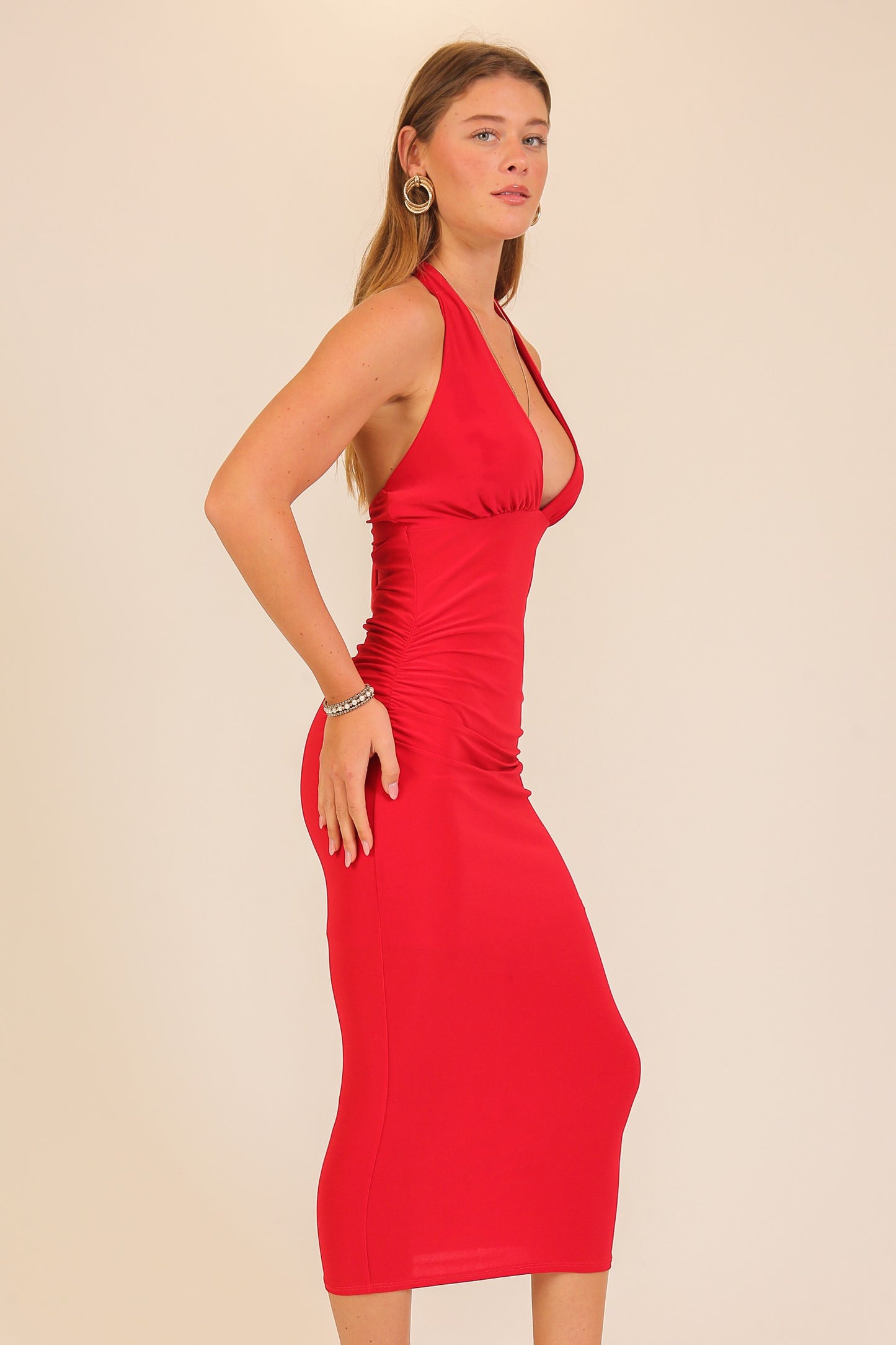 halter v neck midi dress