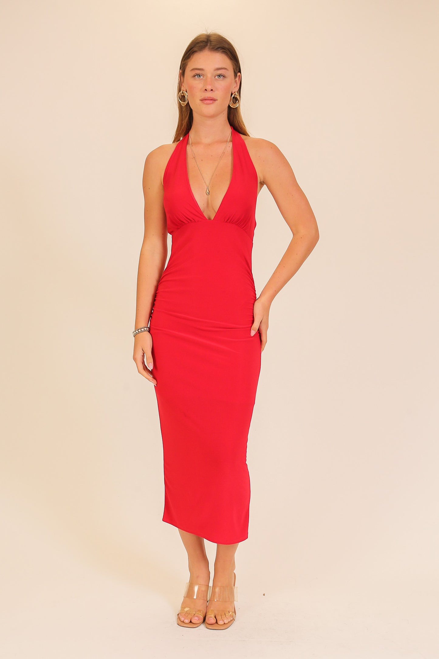 halter v neck midi dress