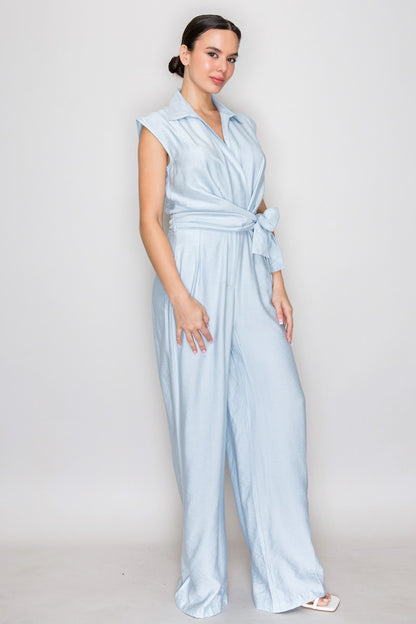 Wrapped Self-tie Belt Collar Jumpsuit