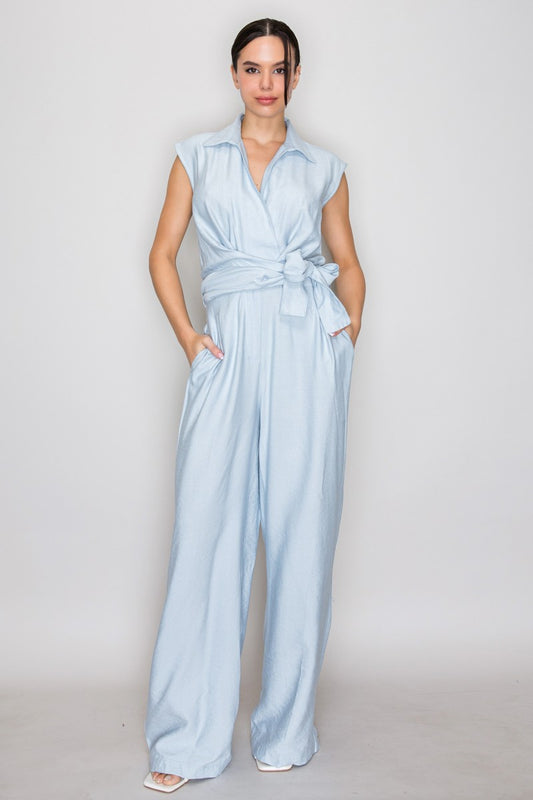 Wrapped Self-tie Belt Collar Jumpsuit