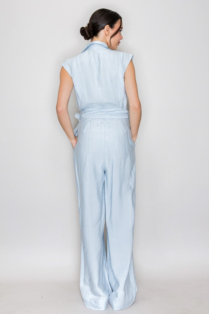 Wrapped Self-tie Belt Collar Jumpsuit