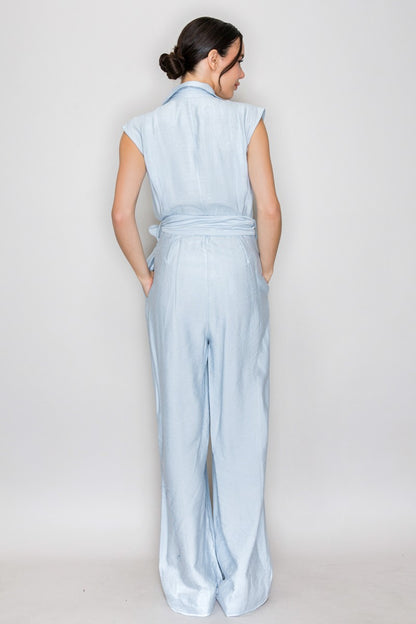 Wrapped Self-tie Belt Collar Jumpsuit