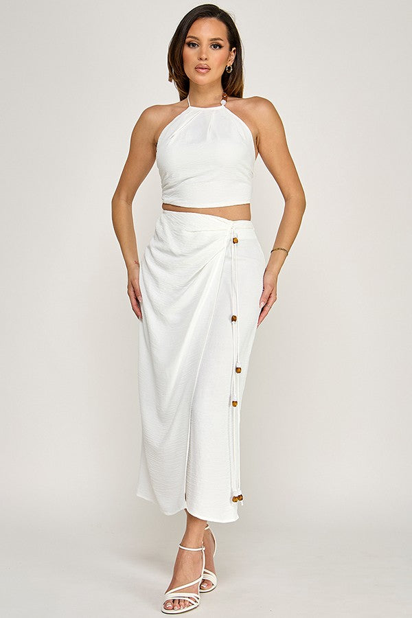 2pc set-Beaded Halter Top with Wrap Midi Skirt